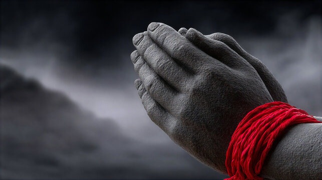 Bound Hands with Red Rope in a Dramatic Monochrome Scene