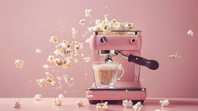 Pink espresso machine overflowing with popcorn on pastel background