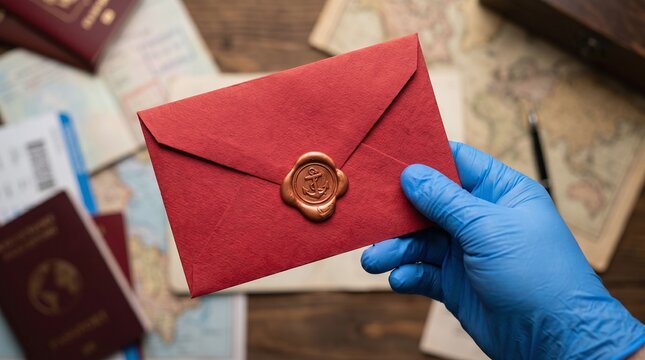 Hand in blue protective glove holding a red envelope with wax seal, travel documents and passport in background.