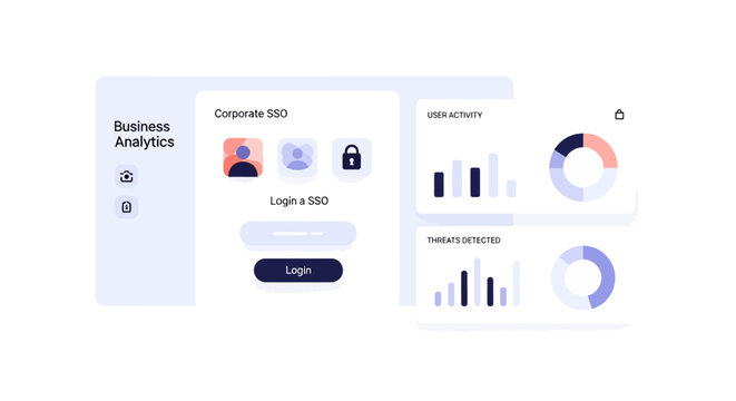 Business Analytics Dashboard UI for Corporate SSO Login and Cybersecurity Monitoring featuring Data Visualization Charts