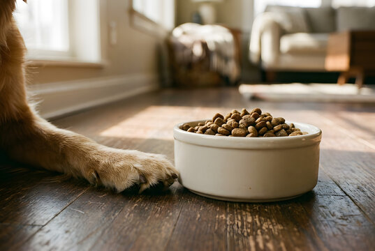 Dog paw resting near bowl of kibble in sunlit room.