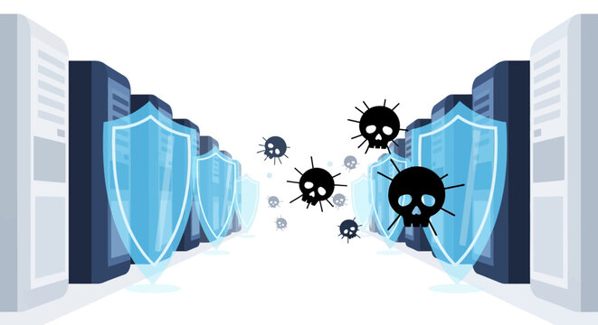 Cybersecurity and Data Protection Concept: Digital Server Racks Protected by Glowing Shields Against Malware and Virus Attacks