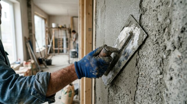 Worker applying a fresh layer of spackle or plaster to a wall with a putty knife. Renovation concept