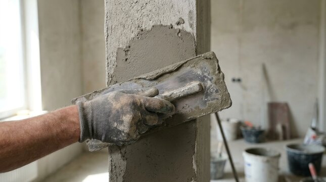 Worker applying a fresh layer of spackle or plaster to a wall with a putty knife. Renovation concept