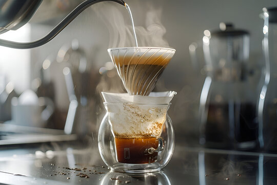 Morning light pour over coffee dripper on stainless steel counter