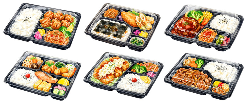 コンビニ弁当のイラストセット,斜めアングルの透明フタ付きお弁当パック,水彩風の黒容器から揚げハンバーグのり弁素材集,手描きベクター