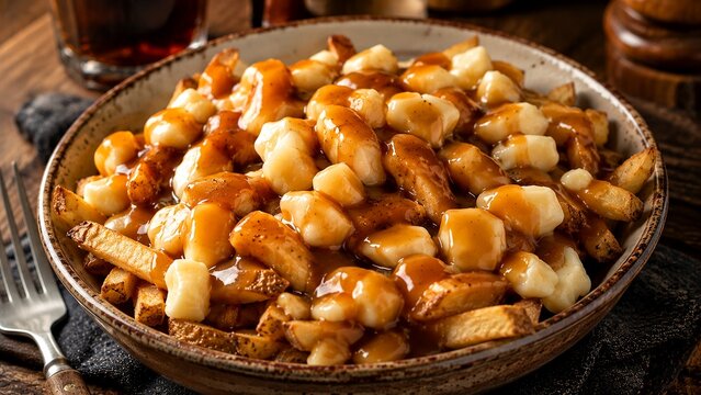 A plate of poutine with gravy and cheese curds 