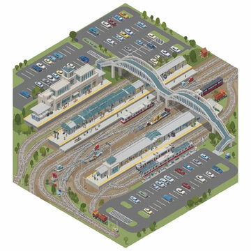 Isometric view of a busy train station with multiple platforms, trains, and parking lots.