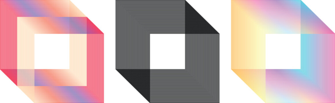 Gradient line art square frames with intersecting parallel lines on clean white background.