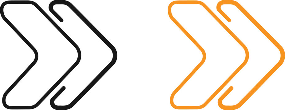 Double forward arrows icon set in black and orange outline style for web and mobile design