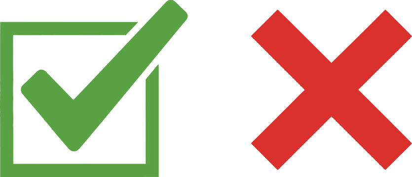 Green check mark in a square box and a red cross sign symbol for choice or survey
