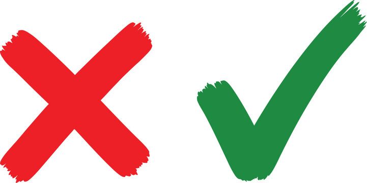 Hand drawn red cross x mark and green check mark symbols for checklist or survey choice