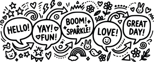 A whimsical vector illustration featuring speech bubbles with positive affirmations and fun doodle elements in black and white © Nimy_