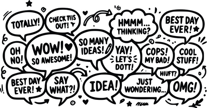 A hand-drawn vector graphic illustration featuring a variety of speech bubbles with different expressions and exclamations