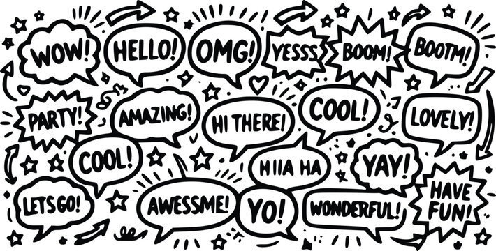 A dynamic black and white vector illustration featuring a collection of expressive speech bubbles with assorted celebratory words and phrases.