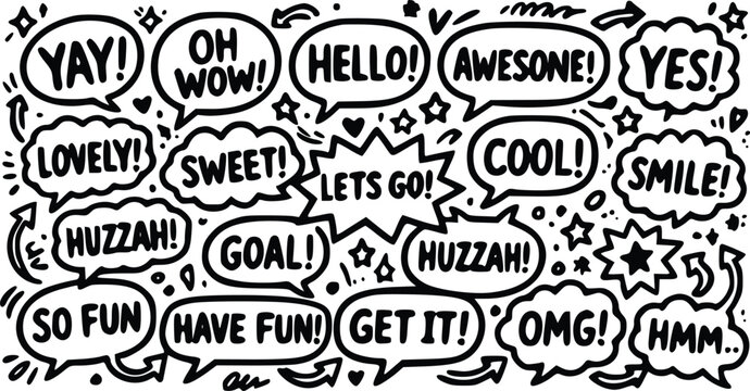 A dynamic vector graphic illustration featuring a collection of speech bubbles with various positive and excited exclamations for joyful expression