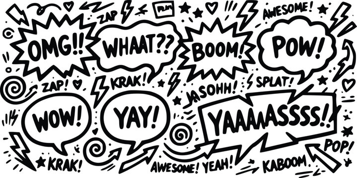 A dynamic black and white vector illustration featuring comic book style speech bubbles with various exclamations and sound effects.