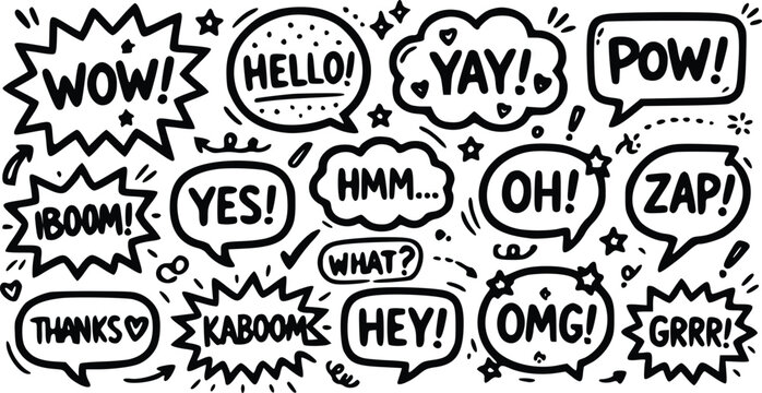 Dynamic hand-drawn vector graphic illustration featuring a collection of comic book style speech bubbles with various expressive words and exclamations.