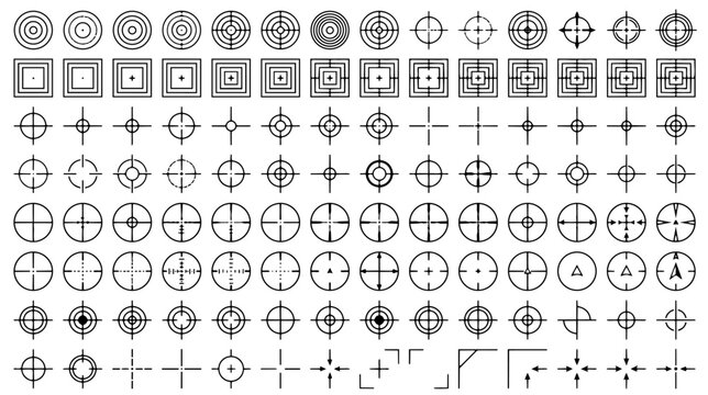 Target crosshair vector icon set, HUD reticle and aiming sight collection for game UI design, tactical sniper scope bullseye elements