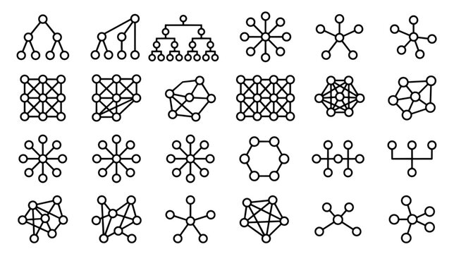 Network topology icons set, minimal data structure graphs and connection nodes line art vector