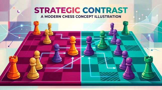 Colorful Abstract Chess Pawns on Split Magenta and Teal Boards &ndash; Strategic Contrast Concept Illustration
