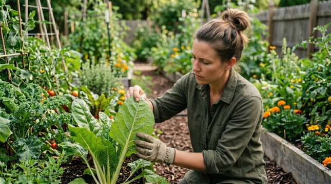 Gardener inspects underside of leaf for pests, showing early detection, plant health monitoring and practical garden maintenance.