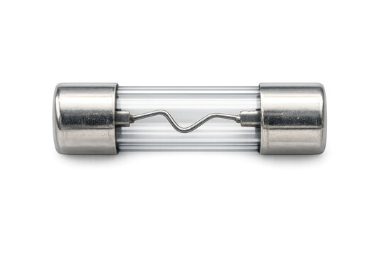 image.png Glass cartridge fuse with metal caps and visible wire filament, electrical safety component isolated on transparent background