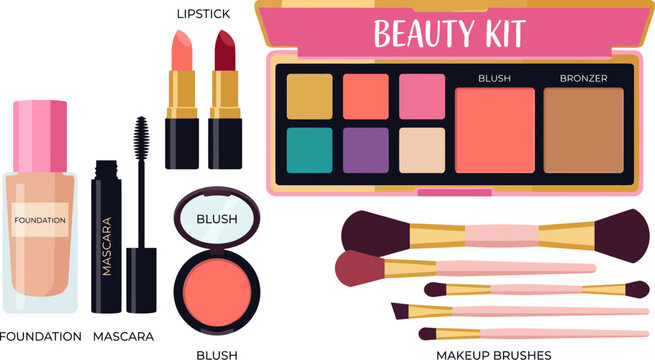 Makeup beauty kit with cosmetics and brushes
