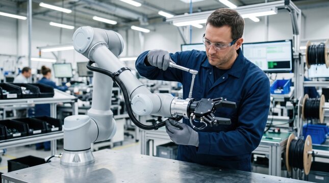 Cobot production scene with worker attaching gripper and checking cable routing at industrial robotics workstation.
