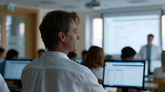 Displaced textile factory worker attending a workforce retraining program at a community college computer lab, instructor demonstrating automation software on overhead projector,