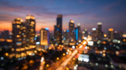 Fototapeta premium Blurred cityscape background at dusk with bokeh city lights and tall buildings creating abstract urban atmosphere for wallpaper or commercial website banner design backdrop