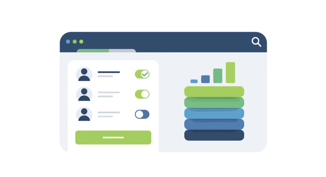 Data Analytics Dashboard and User Management Interface Design for Business Software, Featuring Growth Charts and Toggle Controls