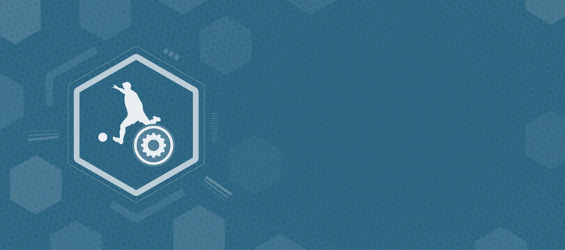 A digital illustration featuring a stylized soccer player icon and mechanical gear settings. This design offers ample copy space for text, blending athletic motion with modern tech concepts.