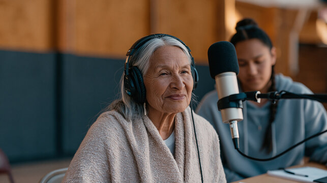Community elder records herself speaking a nearly extinct indigenous language into a microphone at a folding table in a school gymnasium, a young sound technician adjusts levels