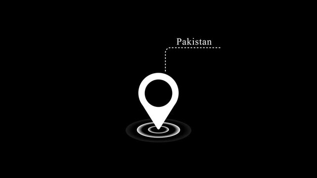 White Map Pin Location Marker Animation with Pakistan Country Name Callout Text Loop on Isolated Black Background.