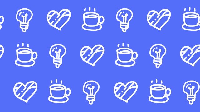 Seamless pattern of hand-drawn hearts, steaming coffee cups, and creative lightbulb icons on a blue background animation for lifestyle morning routine wallpaper and creative inspiration line art.