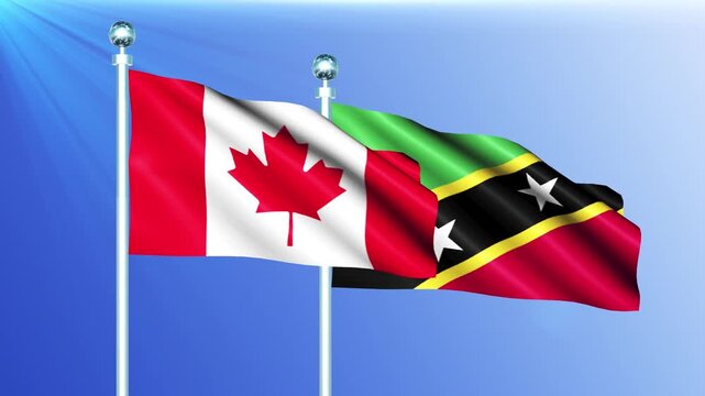 Saint Kitts and Nevis and Canada National Flag Waving on Pole Loop