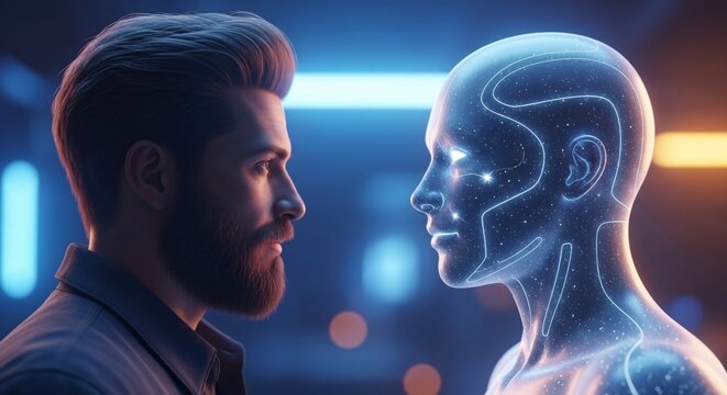 Futuristic technology concept with a human and digital holographic AI face to face in a high-tech environment for innovation and artificial intelligence themes