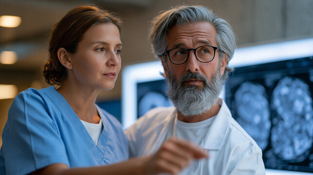 Radiologist and AI diagnostic platform technician reviewing side-by-side tumor detection results on dual lightbox displays in a hospital imaging suite, clinical precision, one