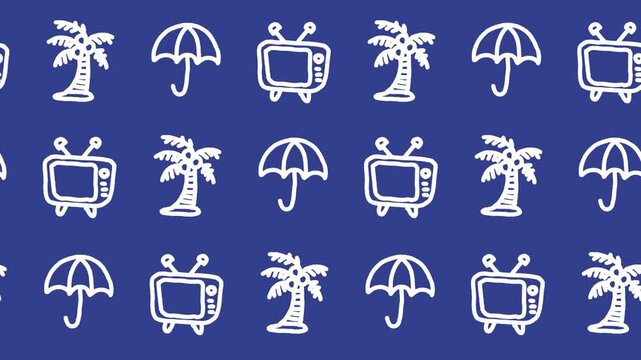 Seamless pattern of hand-drawn umbrella, retro television, and tropical palm tree on blue background animation for summer vacation wallpaper and media broadcasting line art graphic. Seamless looping.