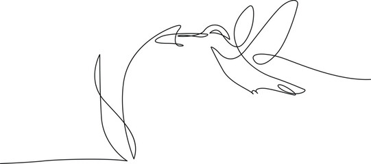 Continuous line art illustration of a hummingbird drinking nectar with wildlife © Servo