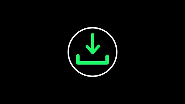 Glowing White Circle Loading with Green Arrow Download Progress Icon Animation Loop on Isolated Black Background for Cloud Storage Concepts.