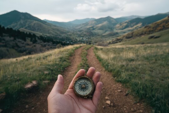 Holding a compass while hiking on a dirt trail in the mountains with navigation adventure outdoors mountains exploration direction trekking landscape wilderness orienting climbing equipment