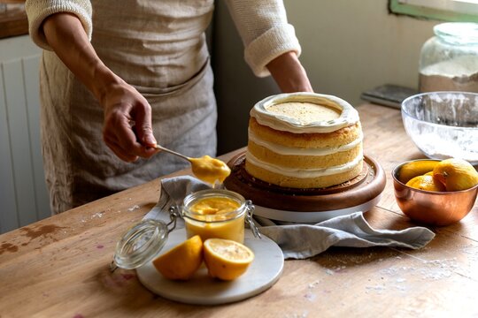 Person decorating a layered cake with lemon curd in a rustic kitchen.