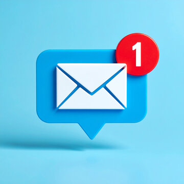 Blue speech bubble with white envelope mail icon, one unread message, clean modern communication concept. Close-up.