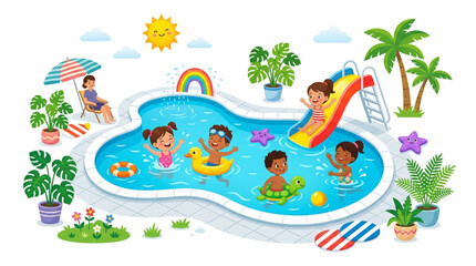 Naklejka premium Happy Kids Playing in Outdoor Swimming Pool with Water Slide and Floats Vector Illustration