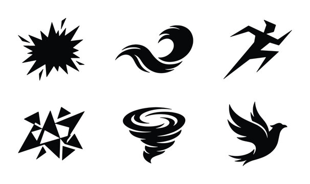 Dynamic Motion Icons: Explosion, Wave, Runner, Abstract Shapes, Tornado, Bird Silhouette Set