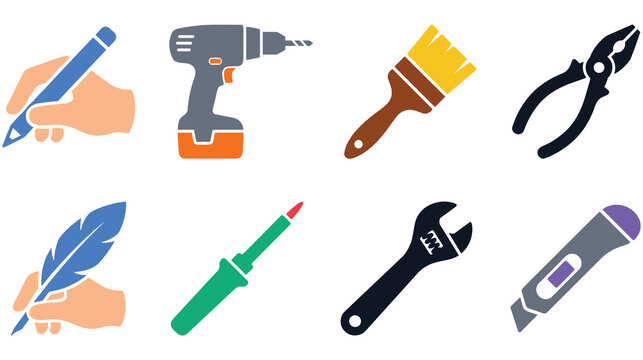Collection of various professional construction and writing hand tools icons.