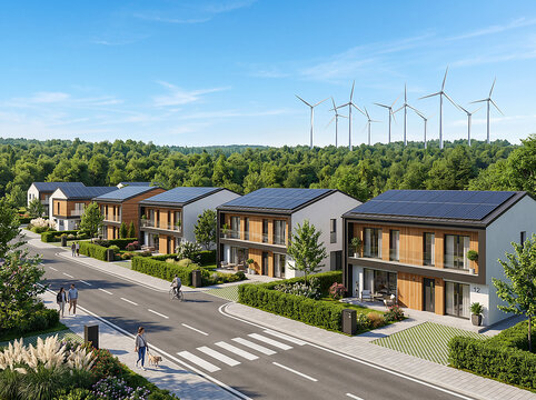 Eco friendly zero energy self sufficient housing complex / 태양광과 풍력 발전이 적용된 친환경 에너지 자립 주택 단지 / 太陽光と風力発電が適用された環境配慮型エネルギー自立住宅団地