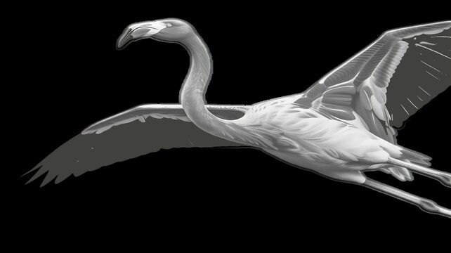 Elegant grayscale illustration of a flamingo flying with wings fully extended against black background emphasizing anatomy, motion, and artistic minimalism in monochrome wildlife art.
